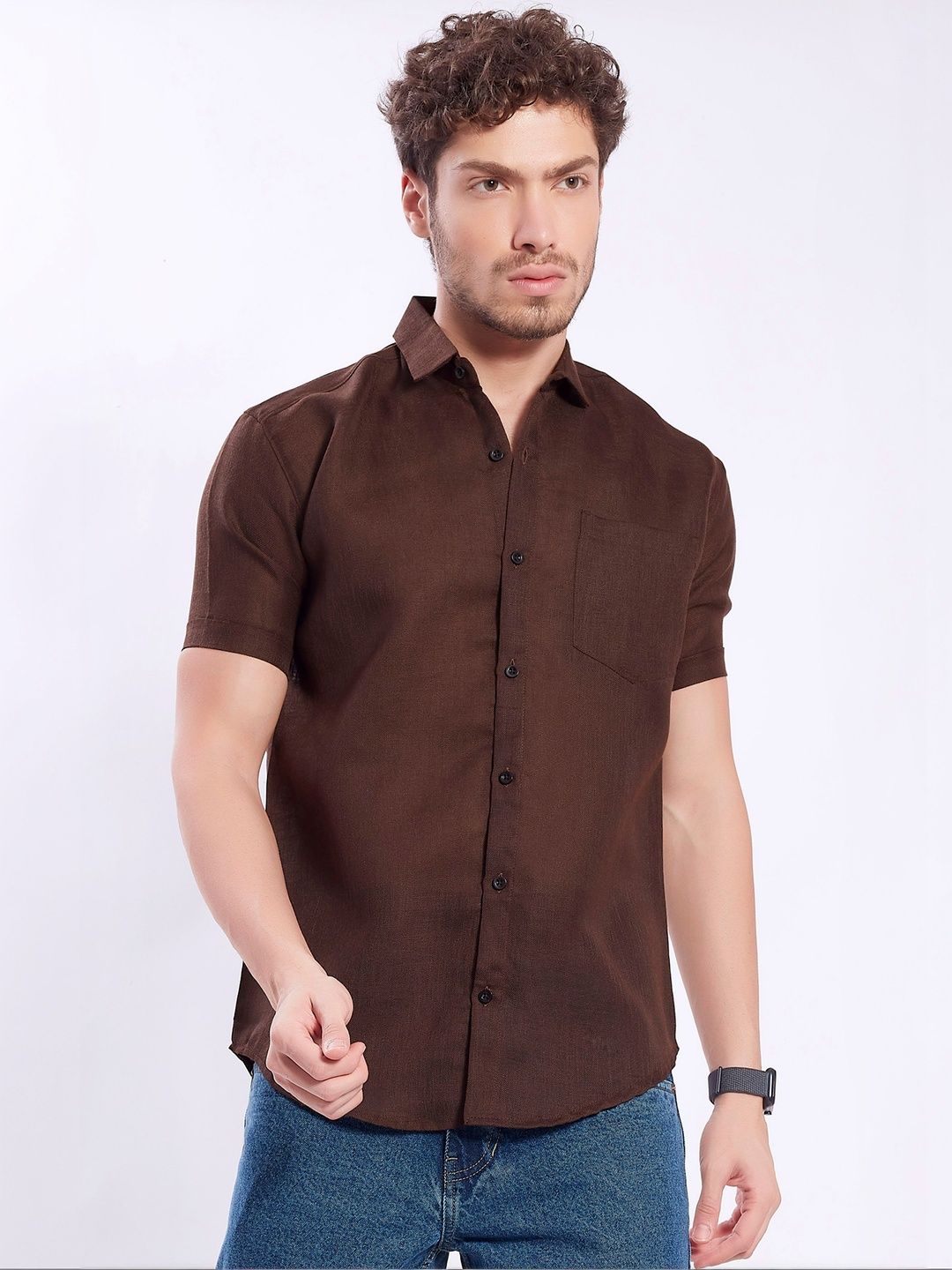 R.Code by The Roadster Life Co. Men Poly Linen Blend Slim Fit Half Sleeves Shirts