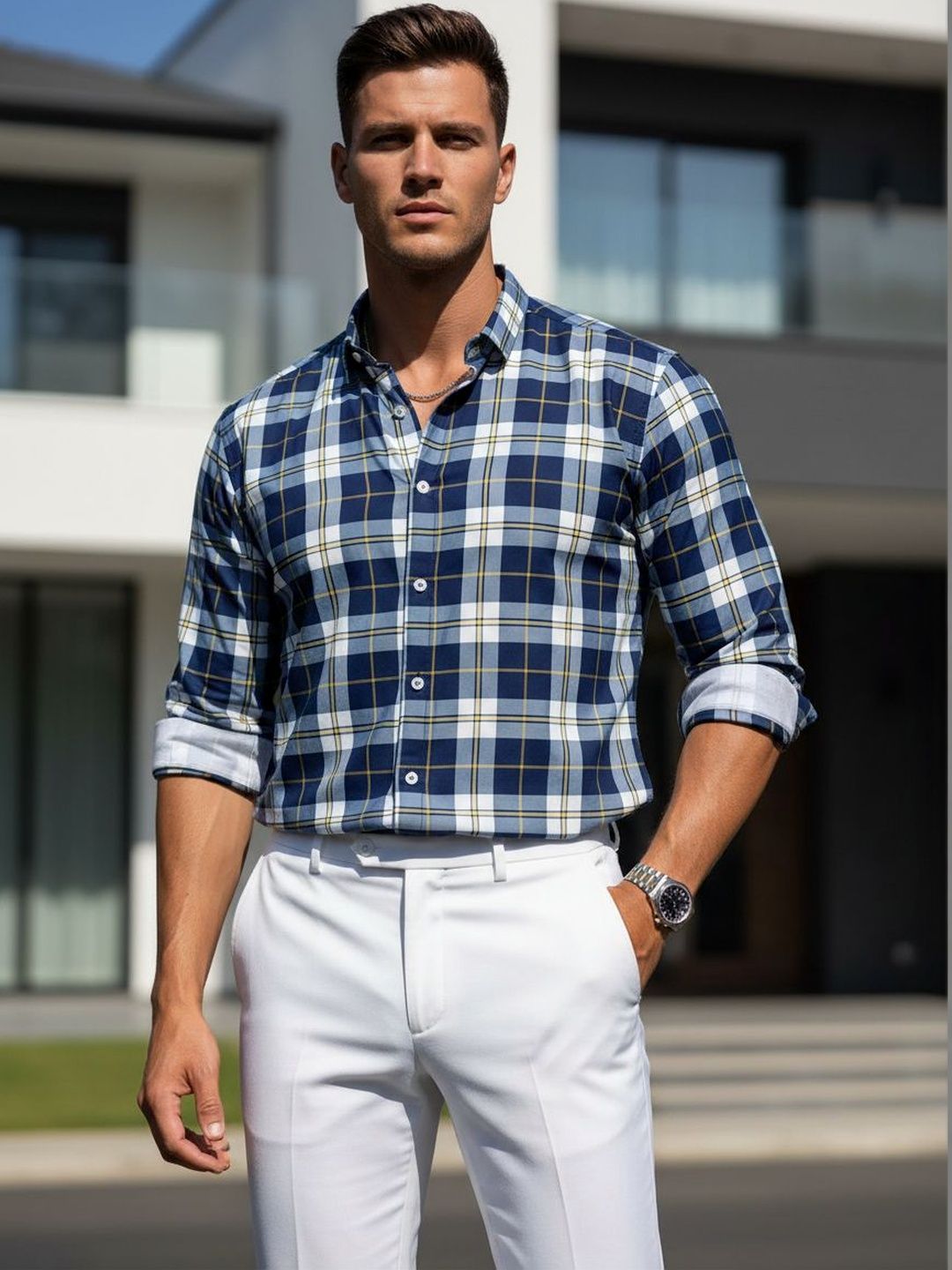 RICH STAG Men Navy Blue Checked Cotton Slim Fit Roll-up Sleeve Smart Casual Shirts