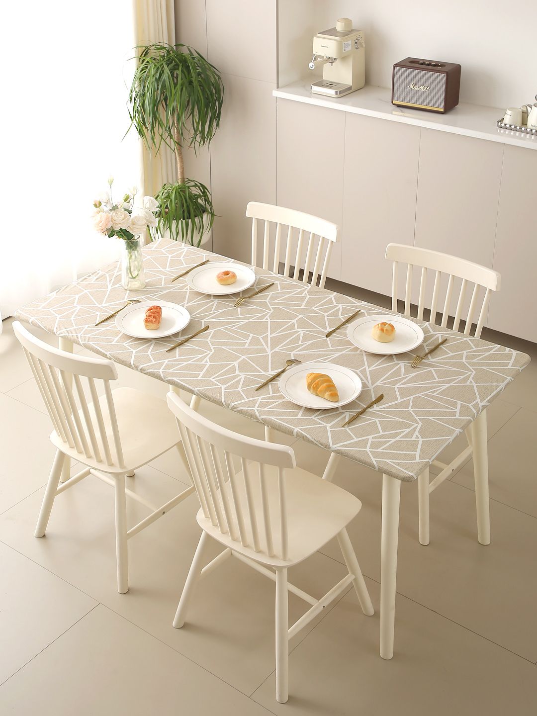 HOKIPO Beige Abstract Geometry Water-repellent 47x31 Inch 4 Seater Table Cover