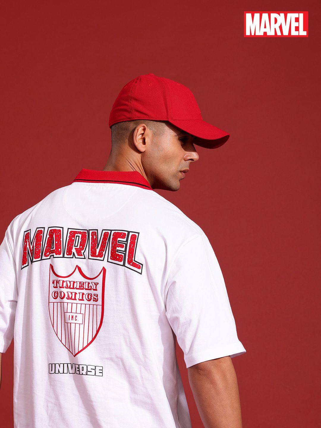 MARVEL STREET Typography Printed Polo Collar Drop-Shoulder Pure Cotton Relaxed T-shirt