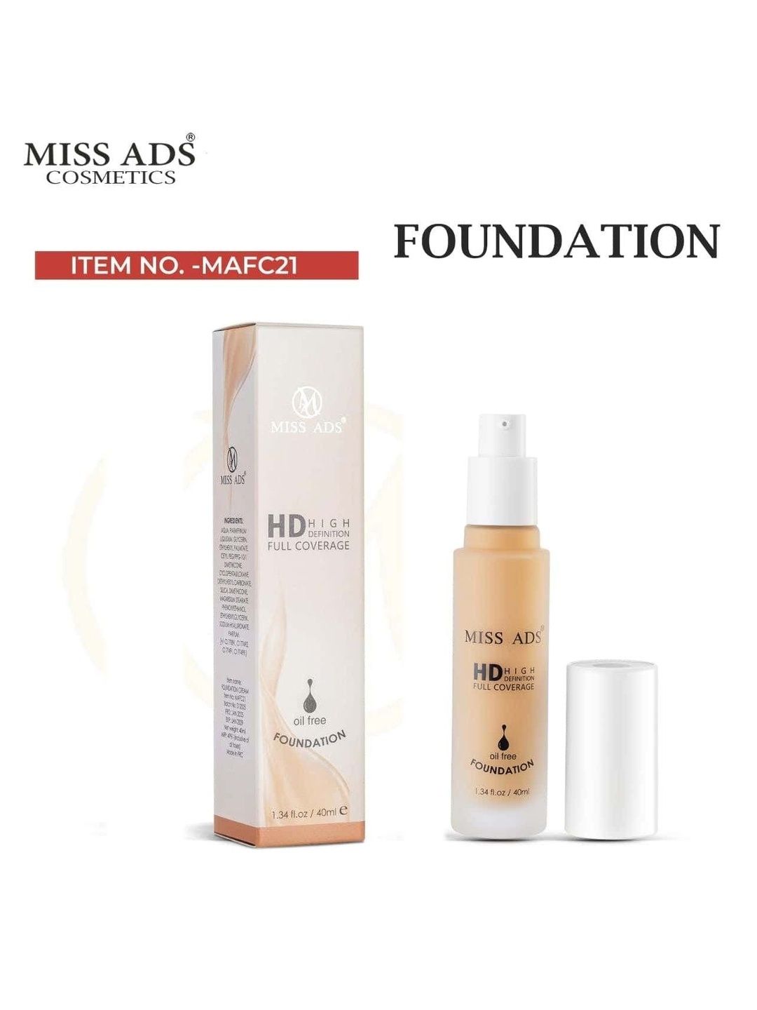 MISS ADS HD Full Coverage Oil Free Foundation - 40 ml - MAFC21