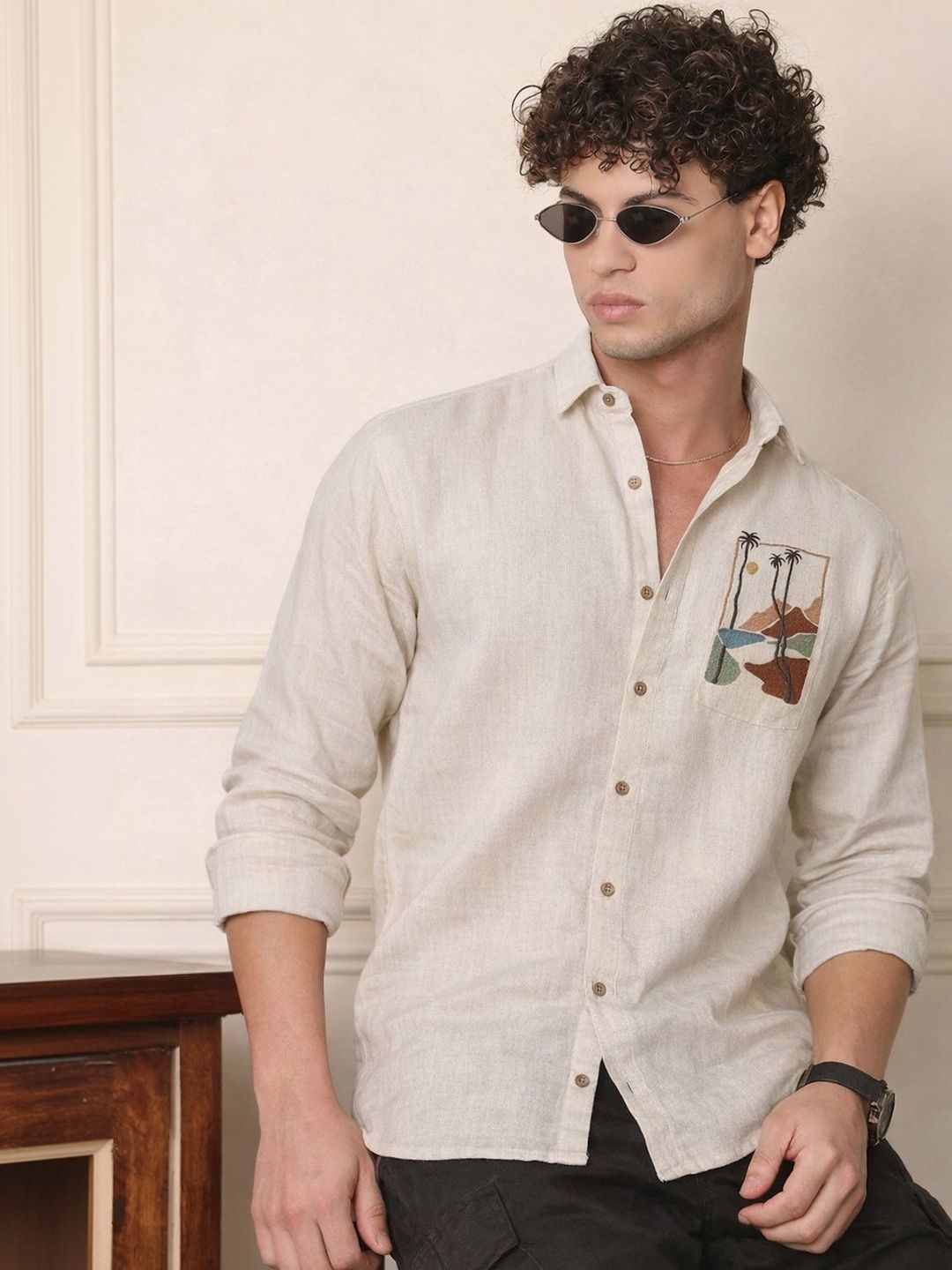 COMBRAIDED COMBRAIDED Men Linen Cotton Blend Casual Chest Graphic Detail Shirts