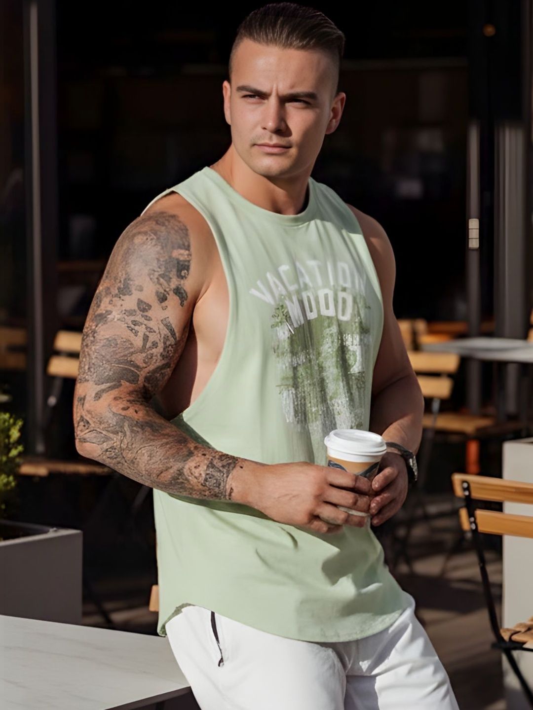 HERE&NOW Printed Round Neck Sleeveless Mint Color T-Shirt