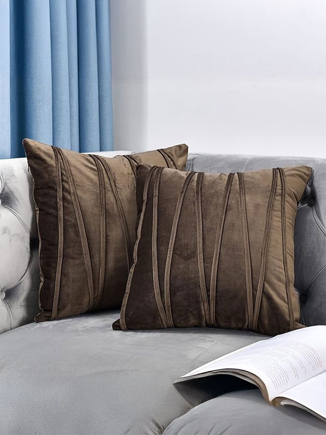 KNOTTING HOME Coffee Brown Set of 2 Velvet Square Cushion Covers