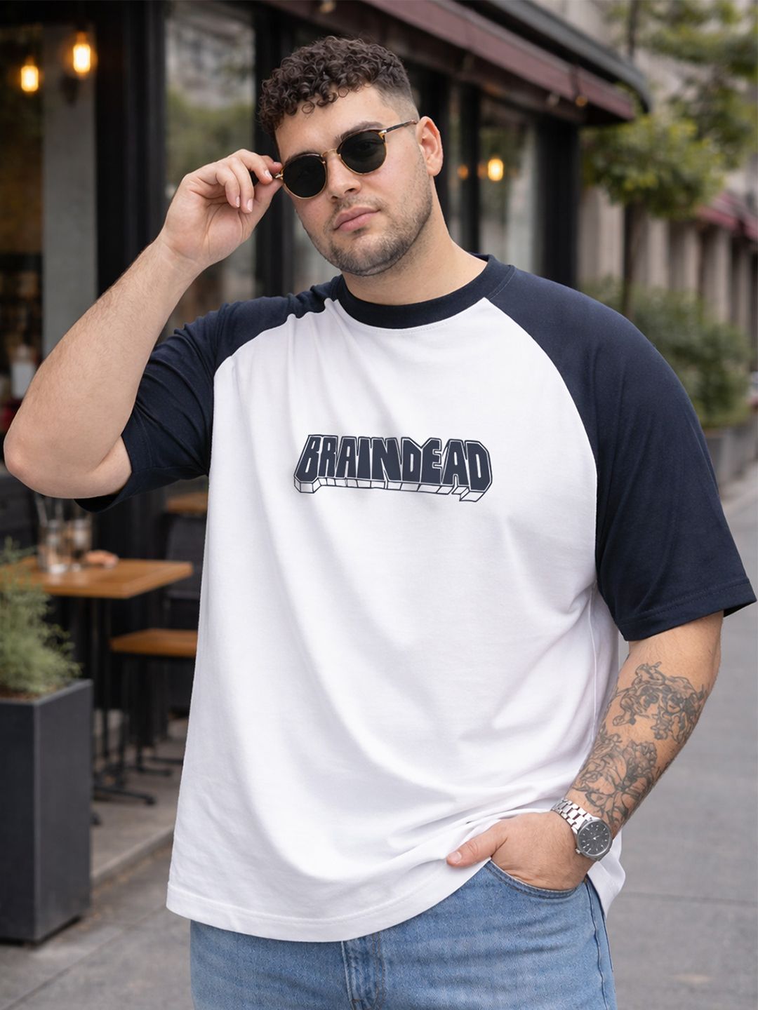 VEIRDO Men White & Navy blue Typography Printed Raglan Sleeves Oversized Plus Size T-shirt