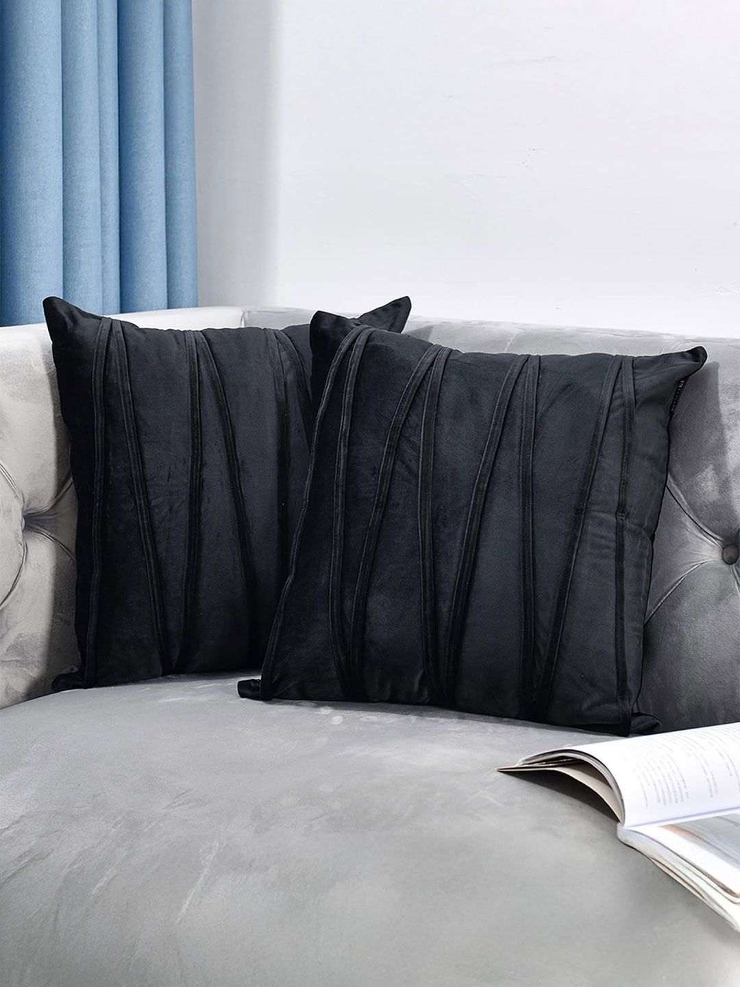 KNOTTING HOME Black Set of 2 Velvet Square Cushion Covers