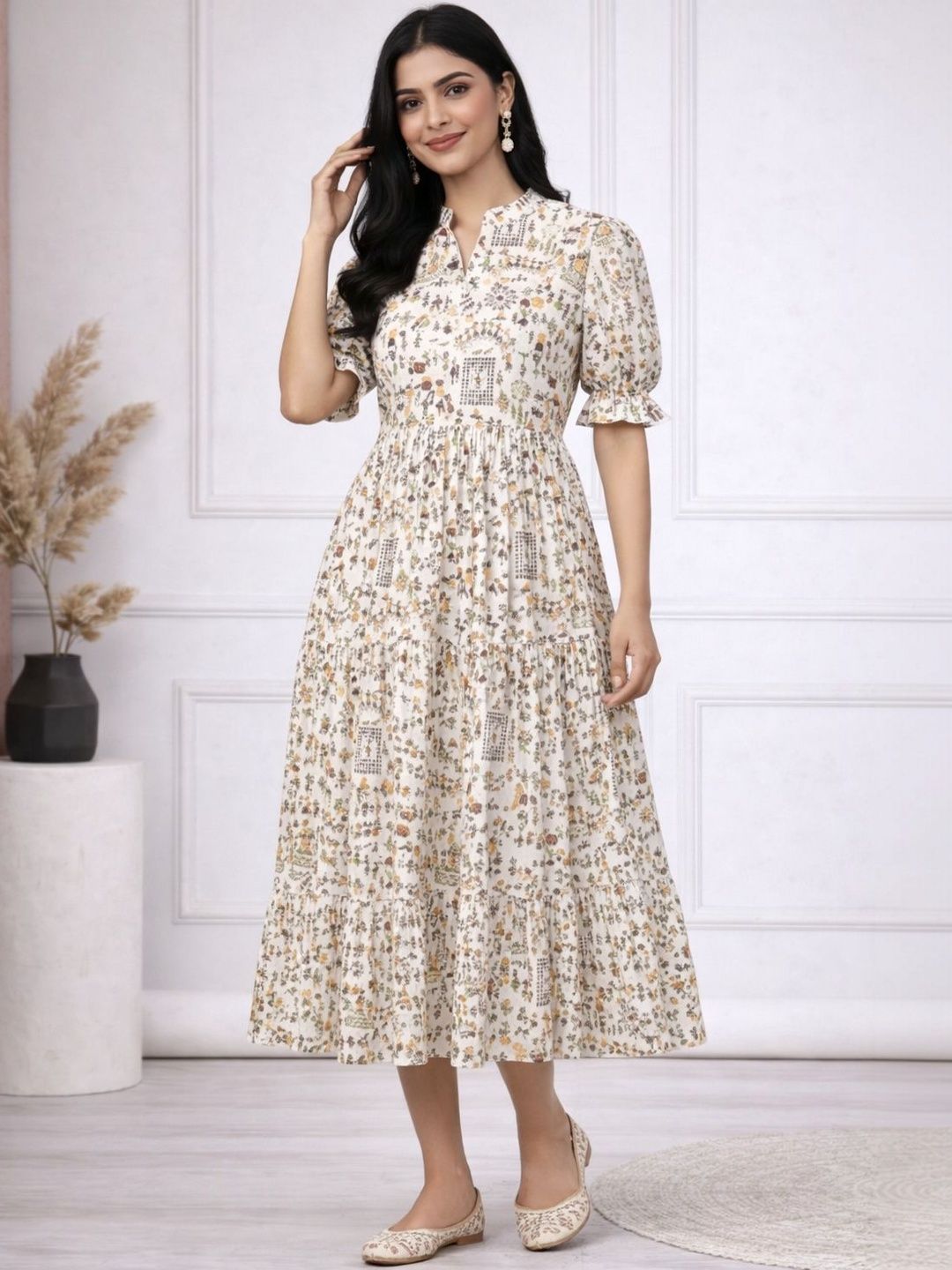 HERE&NOW HERE&NOW Floral Print Puff Sleeve Crepe Fit & Flare Midi Dress