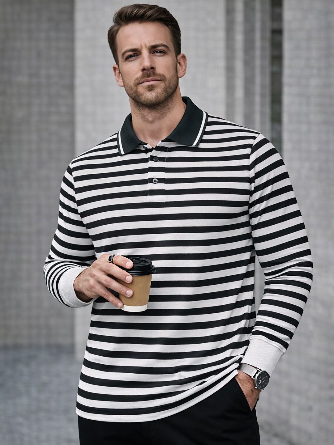 MACK JONNEY Men Striped Polo Collar T-shirt