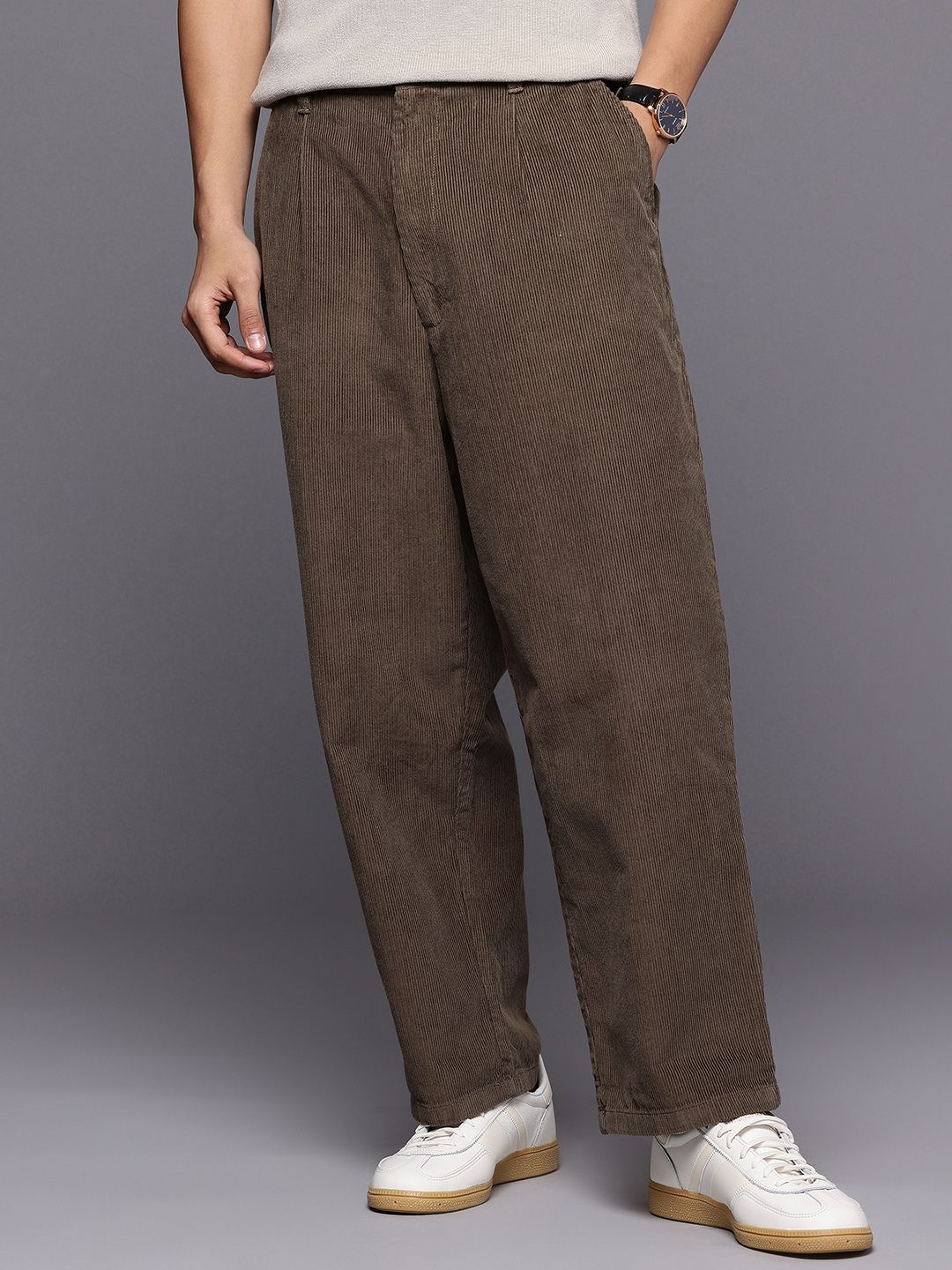 Men Pleated Chinos Trousers Allen Solly Men Baggy Straight Corduroy Pleated Pure Cotton Chinos Trousers