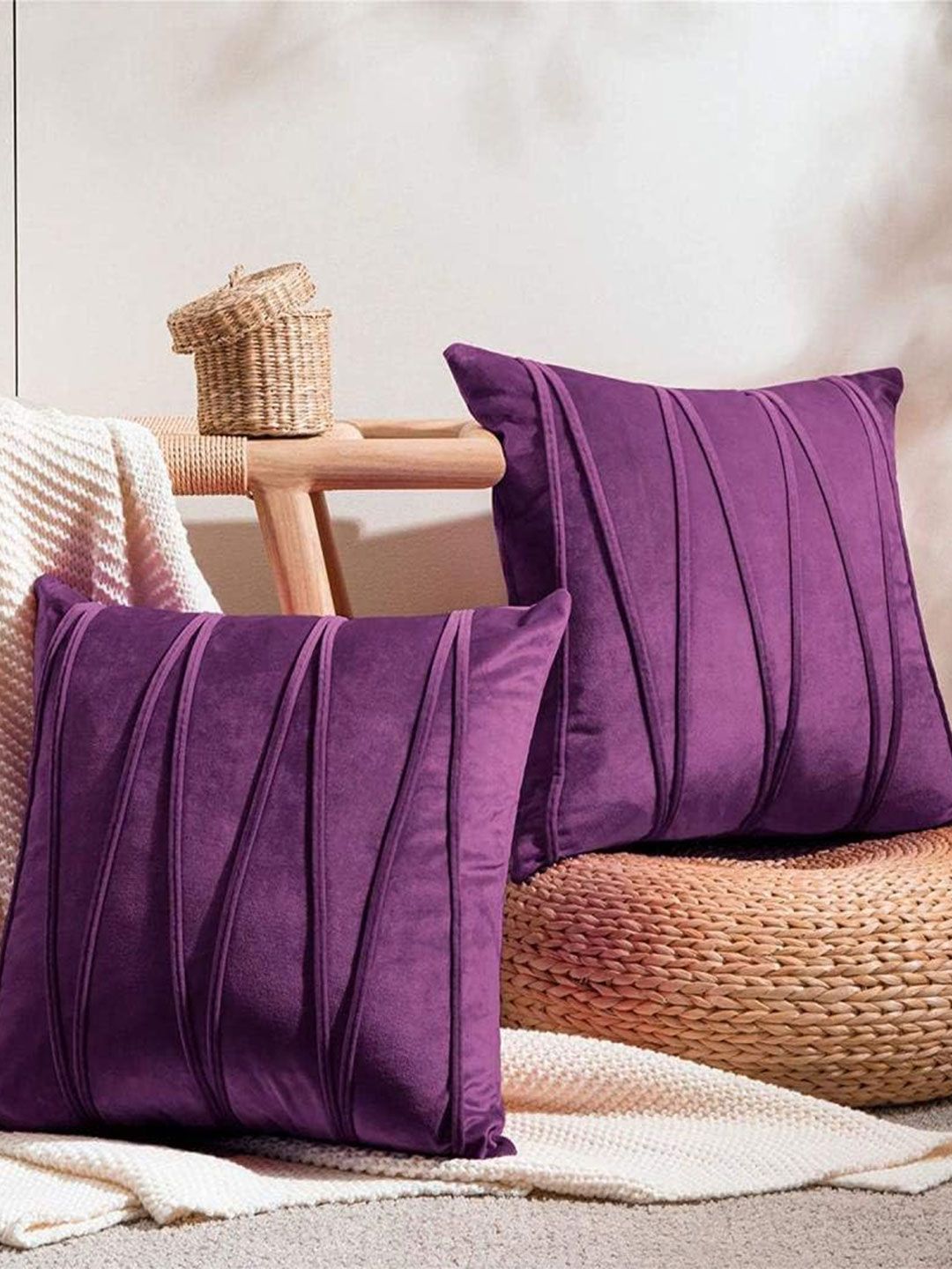 KNOTTING HOME Purple Set of 2 Velvet Square Cushion Covers