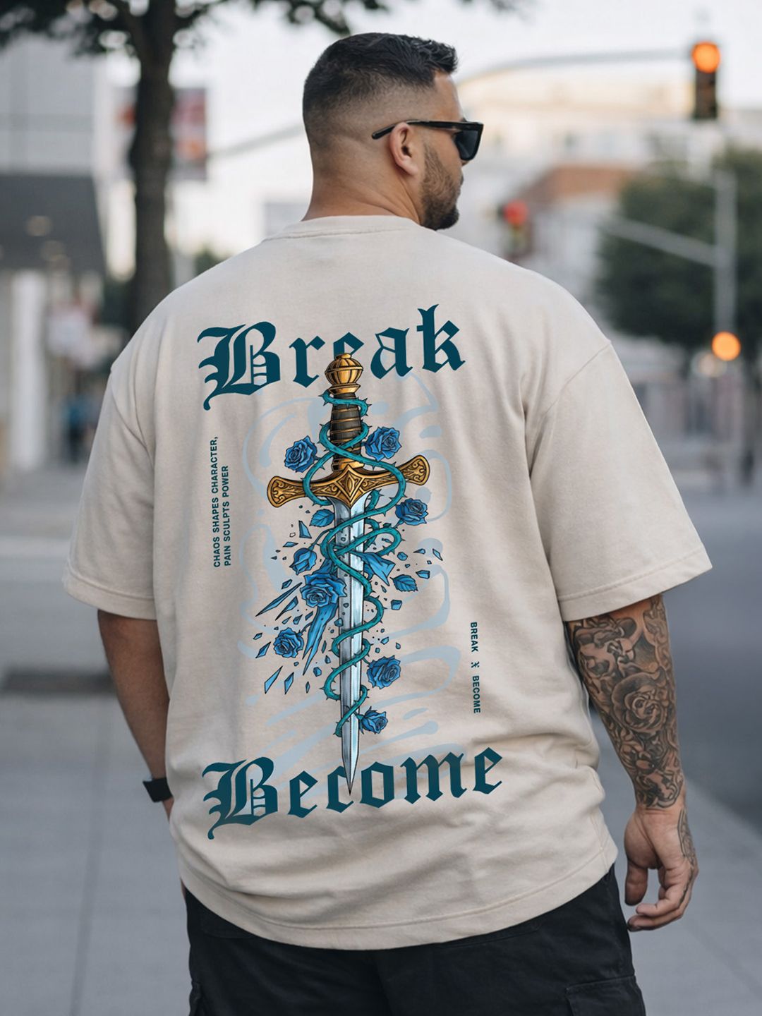 VEIRDO Men Beige Typography Printed Drop-Shoulder Sleeves Oversized Plus Size T-shirt