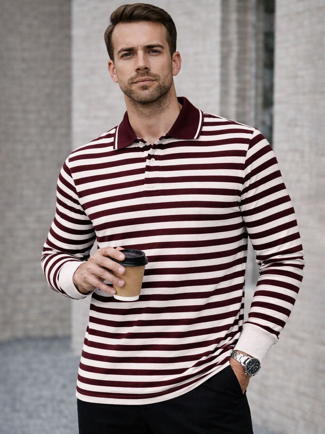 MACK JONNEY Men Striped Polo Collar T-shirt