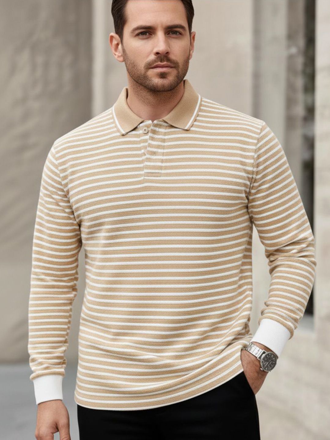 MACK JONNEY Men Striped Polo Collar T-shirt