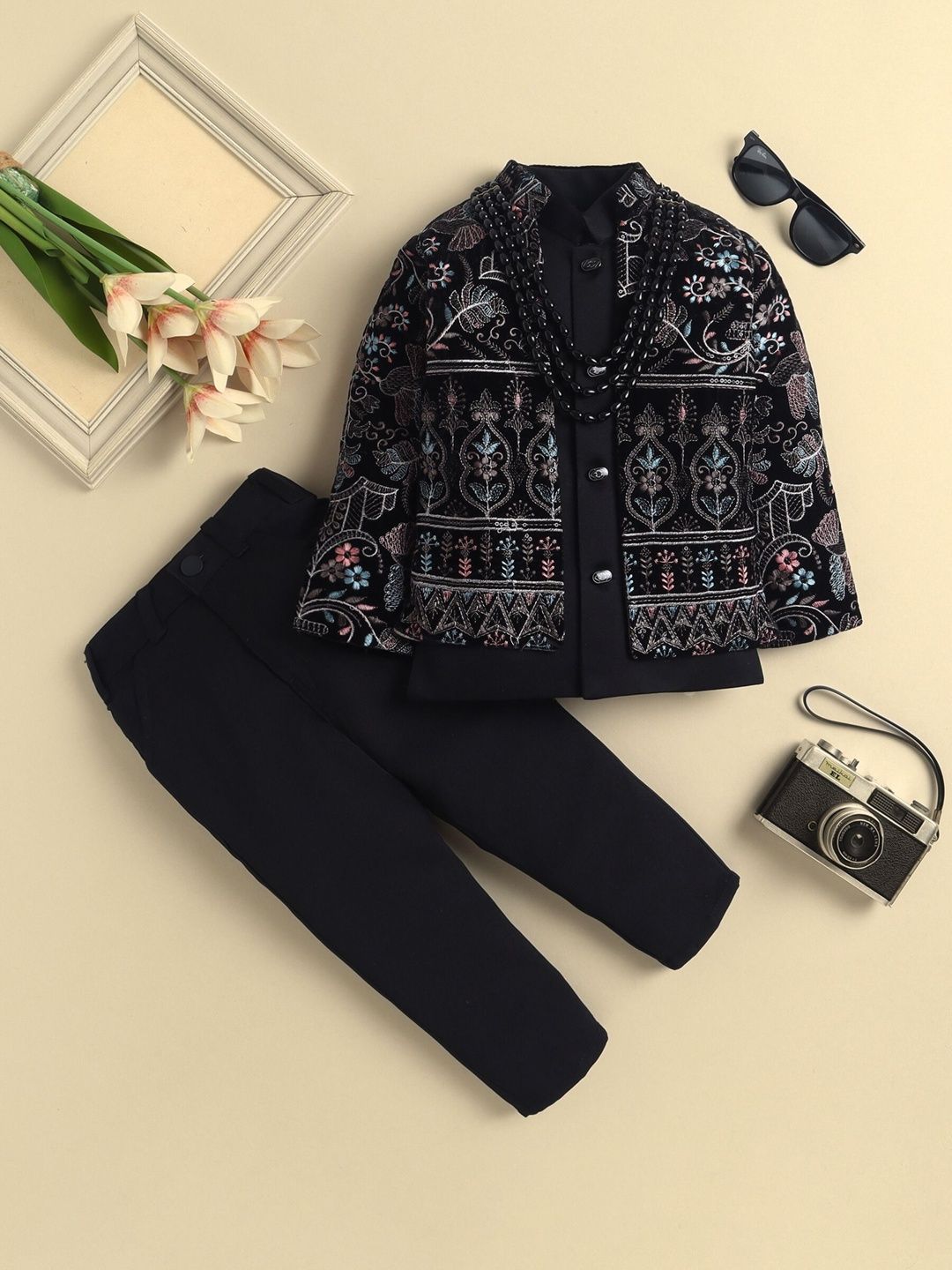 Sangria Boys Embroidered Mandarin Collar Sherwani & Trousers Set