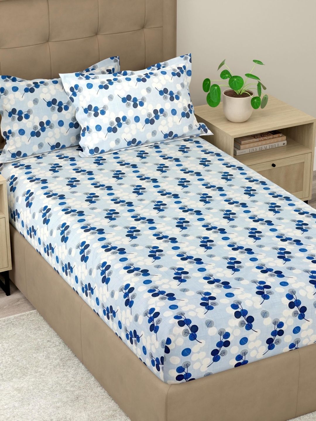 Pure Decor Pure Decor Blue Floral 180 TC Single Bedsheet with 2 Pillow Covers