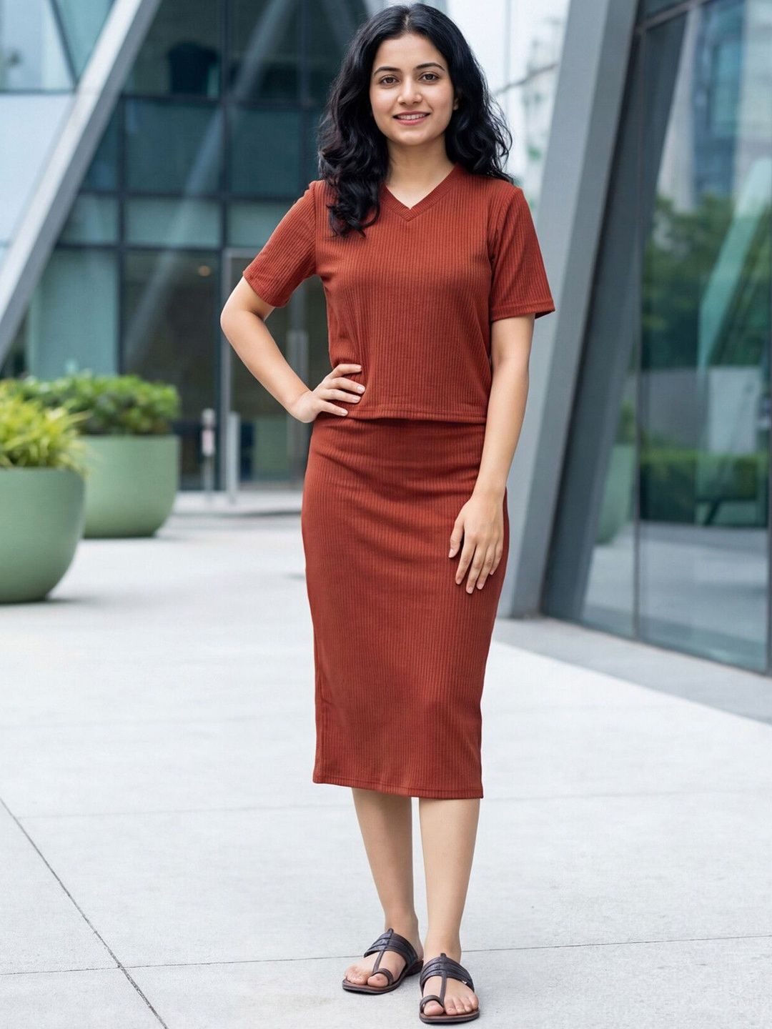 Selvia Selvia V-Neck Short Sleeves Top with Skirt