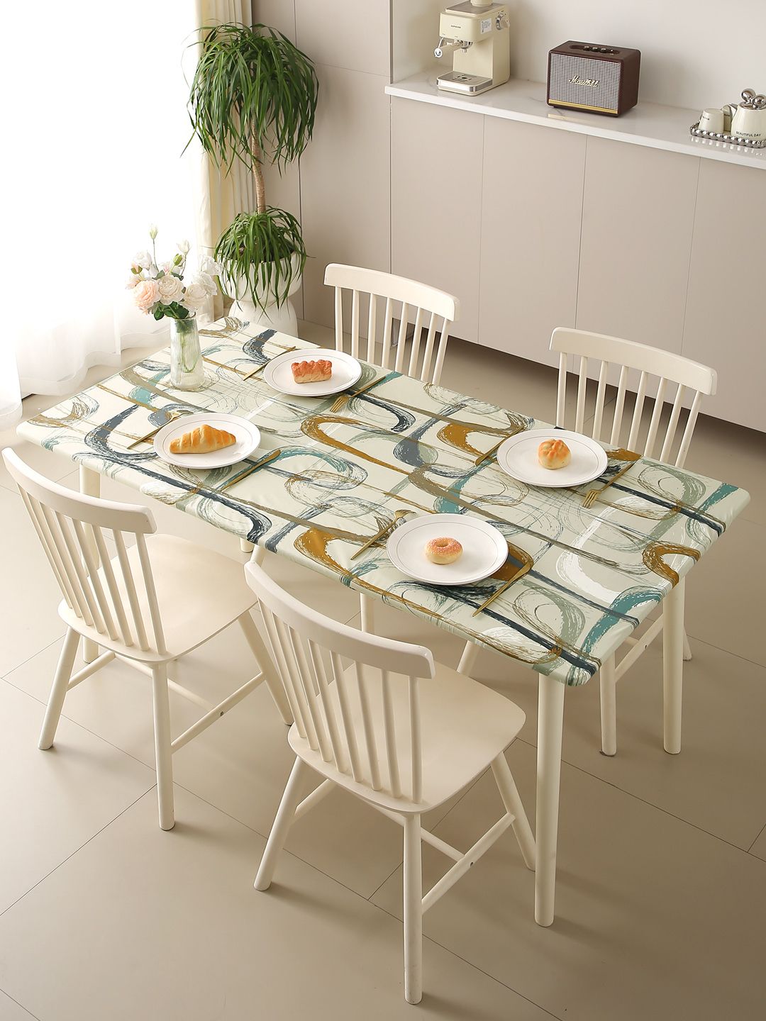 HOKIPO Parchement Beige Abstract Art Water-repellent 47x31 Inch 4 Seater Table Cover