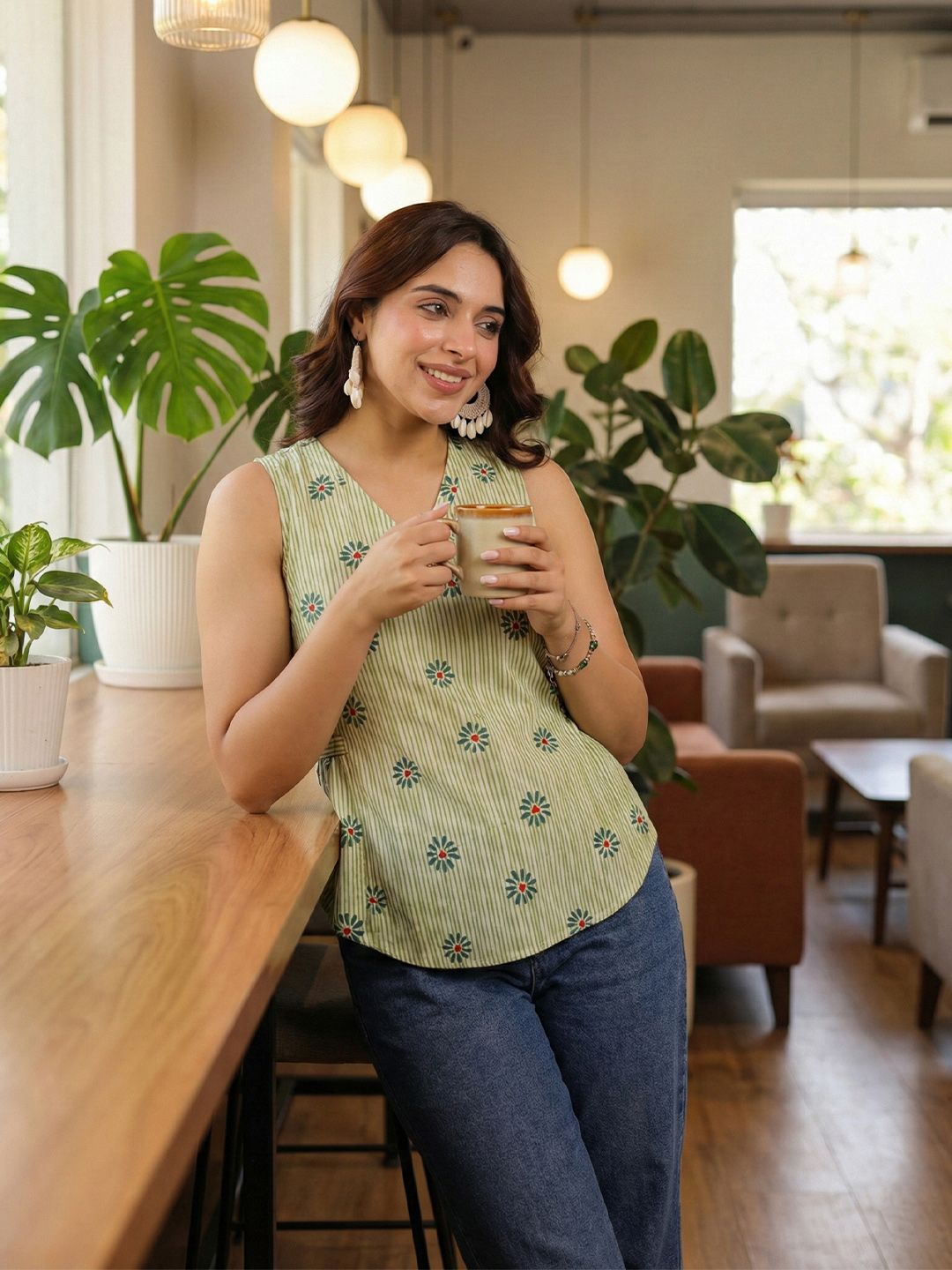 Rain & Rainbow Women Ethnic Motifs Printed Sleeveless Cotton Regular Top