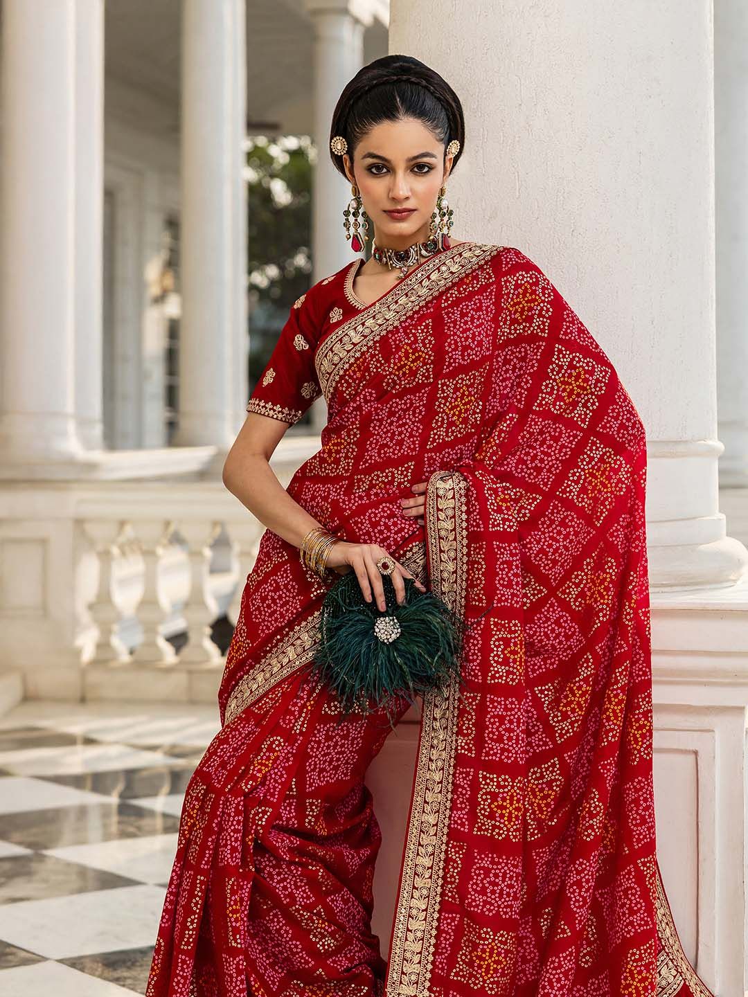 Bandhani Silk Blend Saree Libas Red Bandhani Printed Saree With Unstitched Blouse Piece