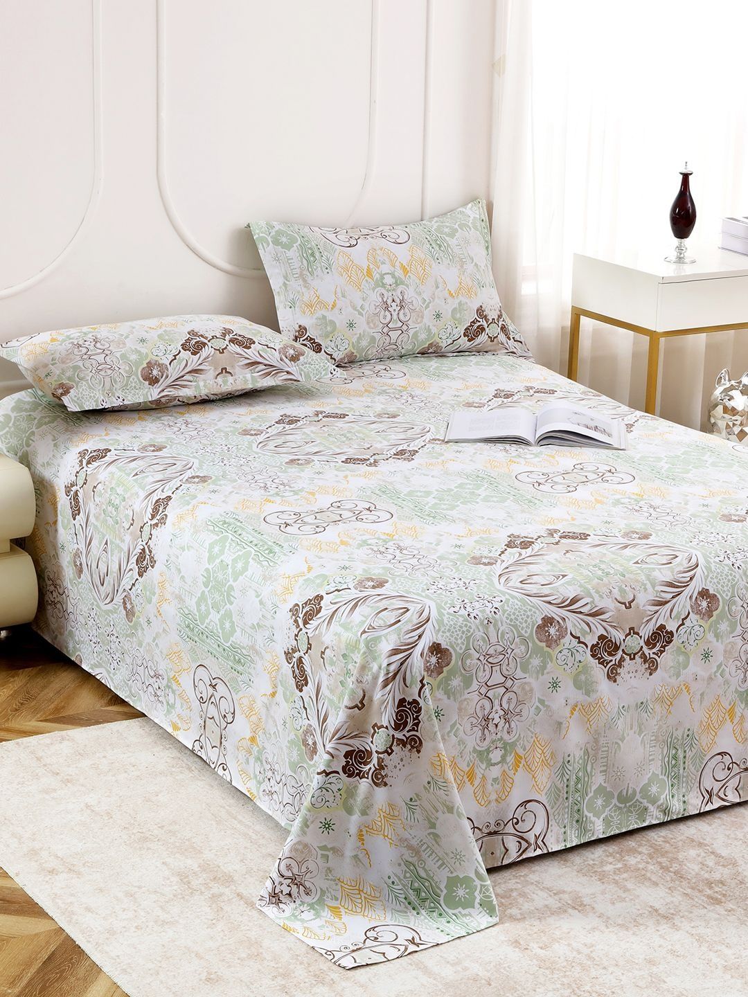 Story@home Story@home Green & Brown 160 TC Bedsheet with 2 Pillow Covers