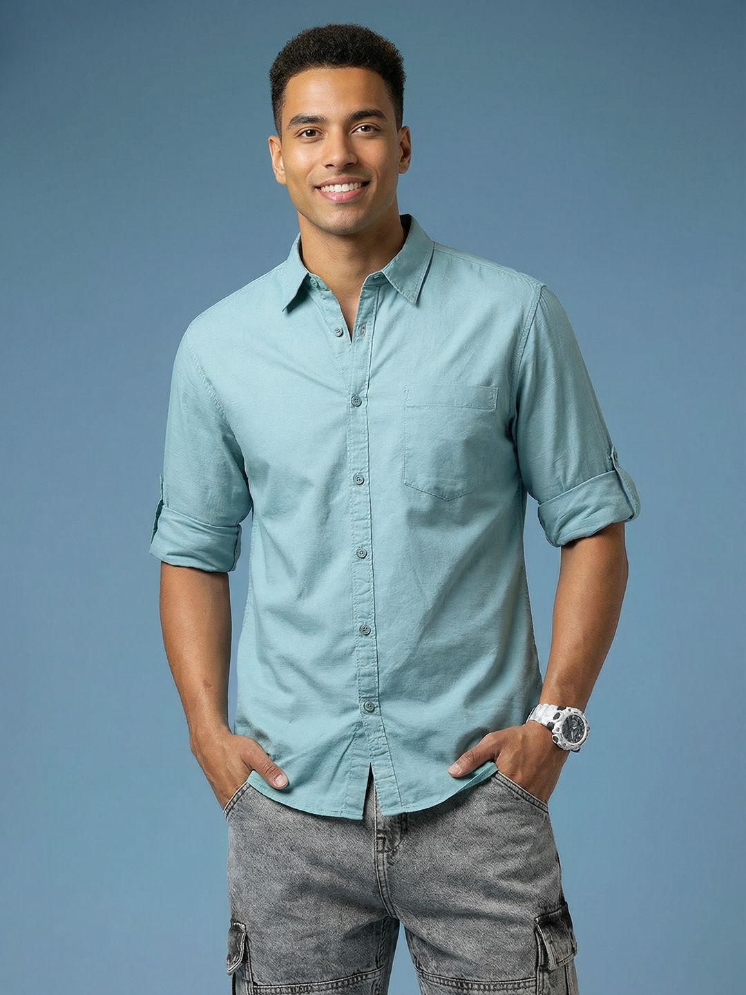 HERE&NOW Chest Pocket Detail Roll Up Sleeves Casual Shirt
