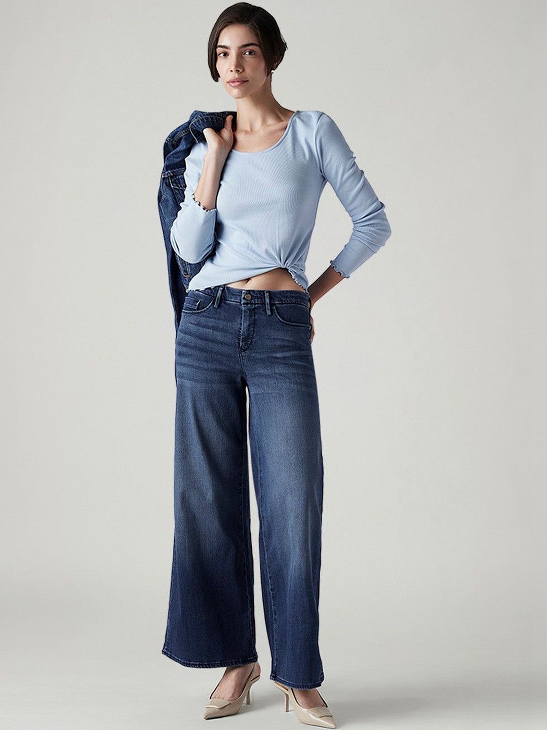 Classic Wide Leg Mid-Rise Light Fade Stretchable Jeans