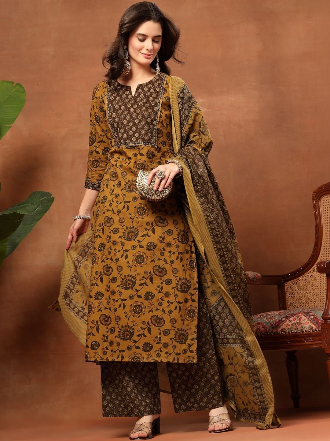 Sangria Printed Pure Cotton Round Neck Kurta & Palazzos With Dupatta