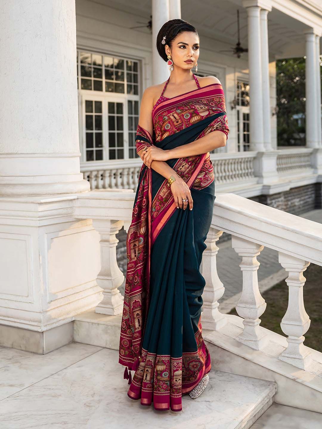 Solid Saree Libas Teal Solid Cotton Blend Saree With Unstitched Blouse Piece