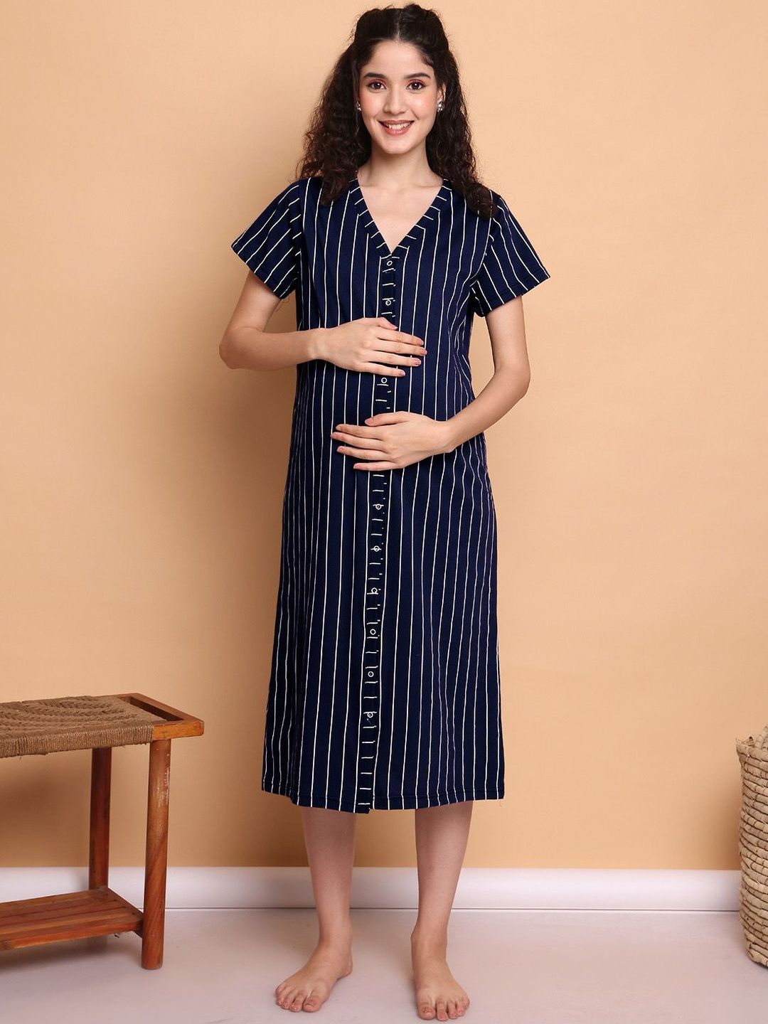 Secret Wish Women Hosiery Striped Zipless Maternity Nightdress