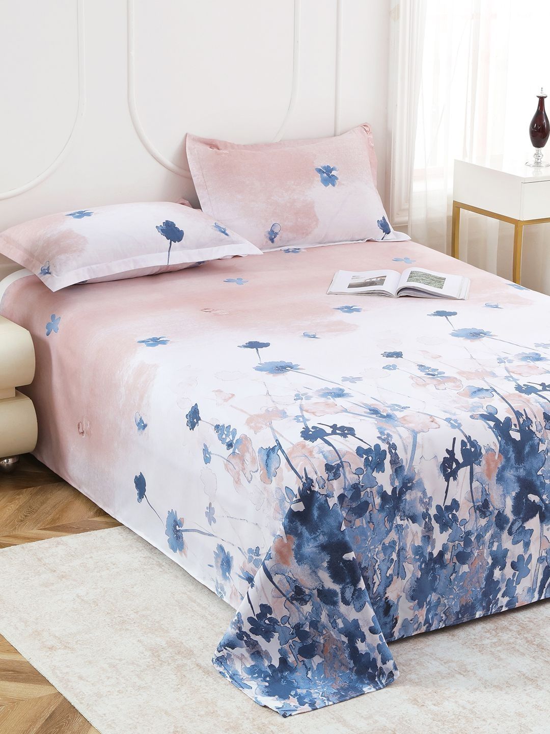 Story@home Story@home Navy Blue & White Floral 160 TC Bedsheet with 2 Pillow Covers
