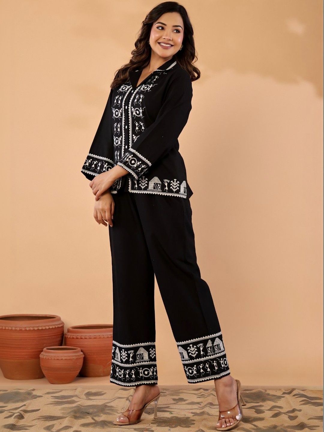 Sangria Florals Embroidered Shirt with Trousers
