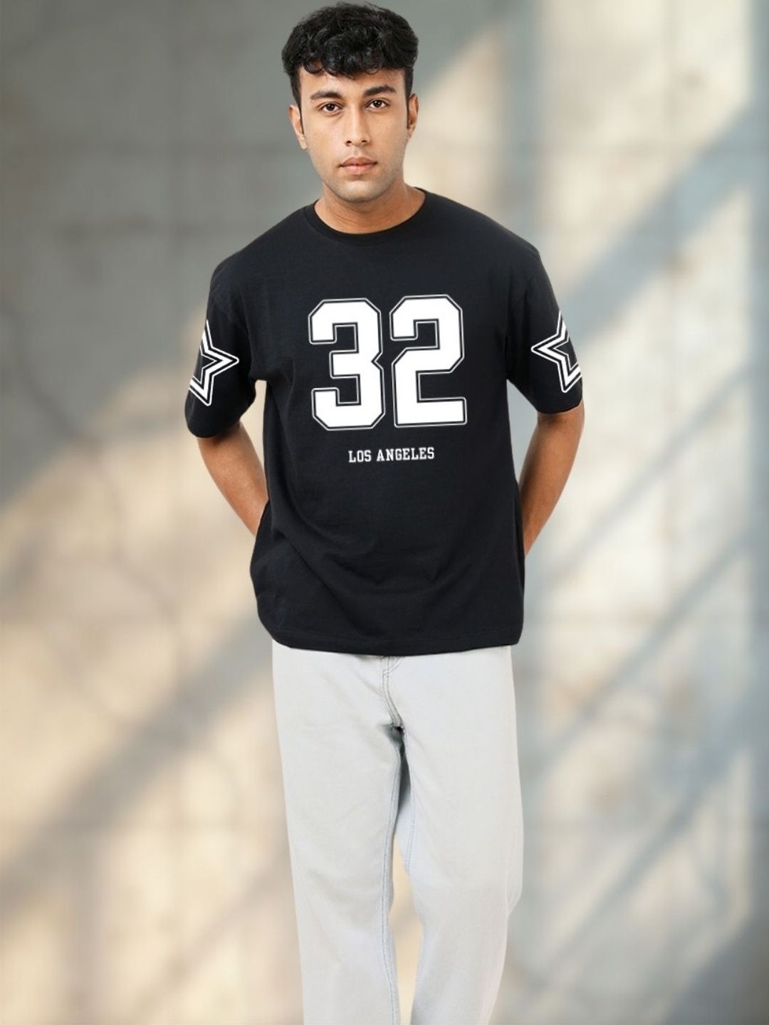 R.Code by The Roadster Life Co. 32 Los Angeless Black Printed Cotton Men Oversized Tshirts