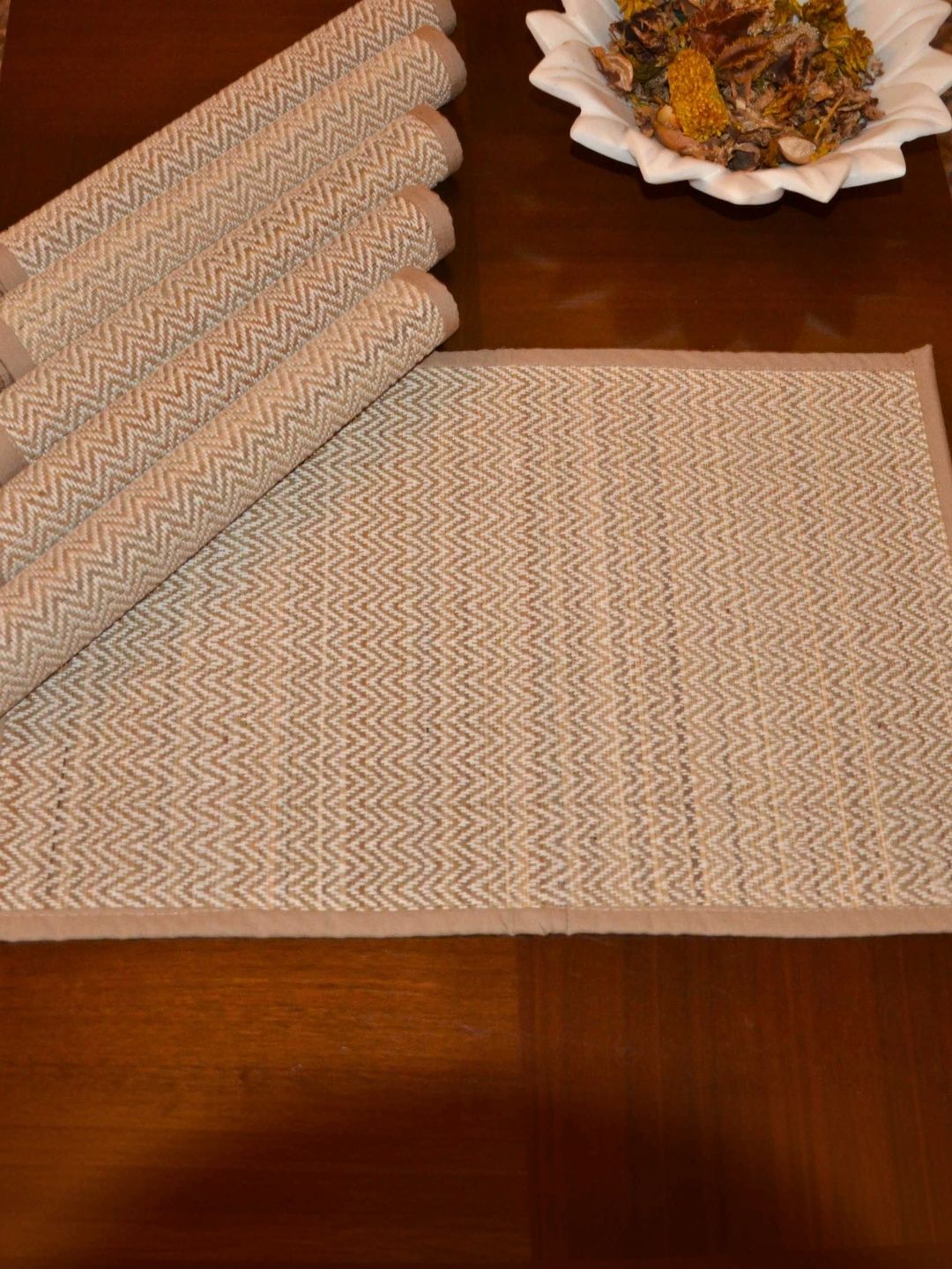 DHARINI 6 Pieces Beige Coloured Geometric Madurkathi Rectangle Table Placemats