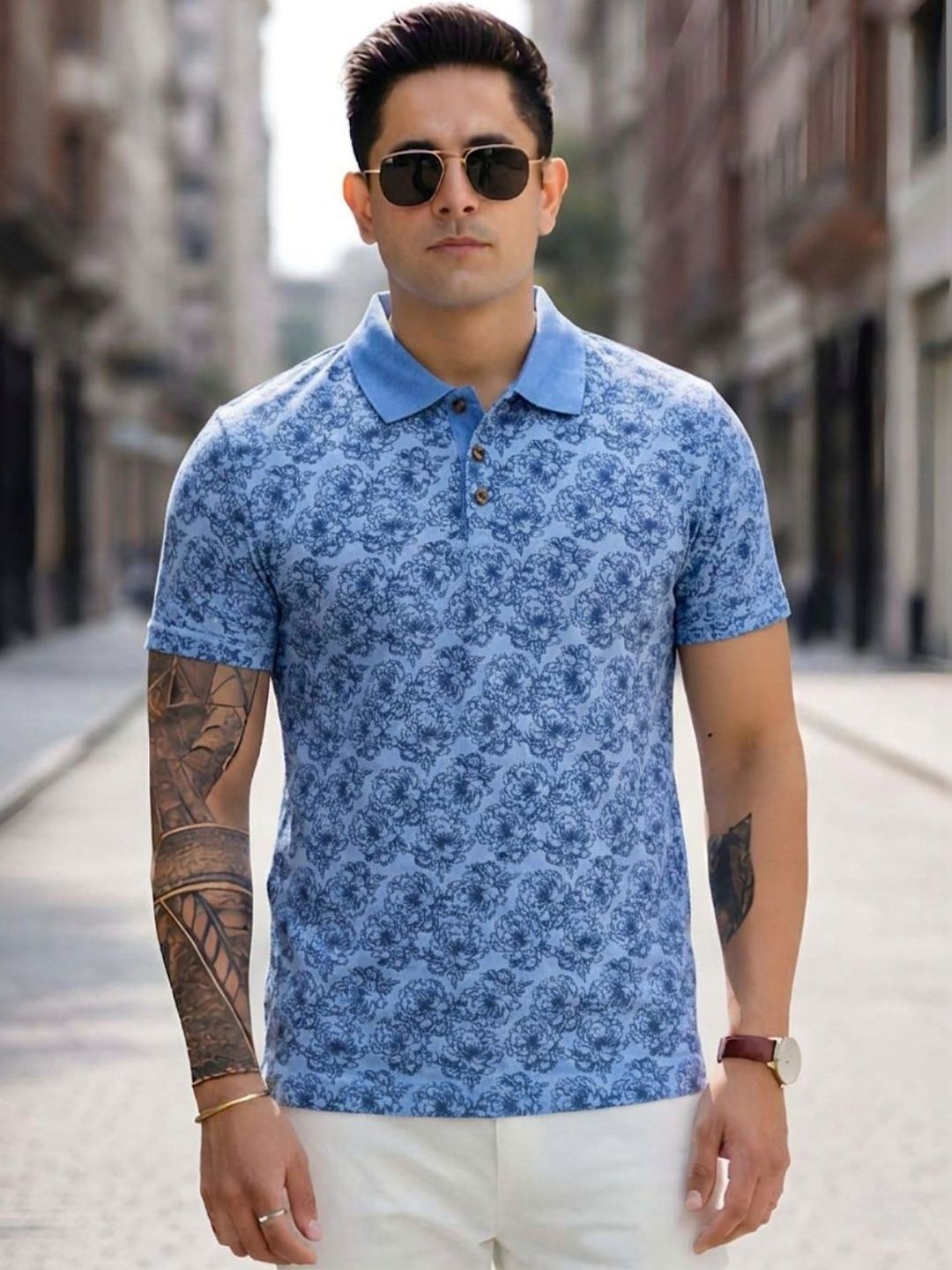 Kryptic Men Overdyed Pure Cotton Floral Printed Polo Collar T-shirt
