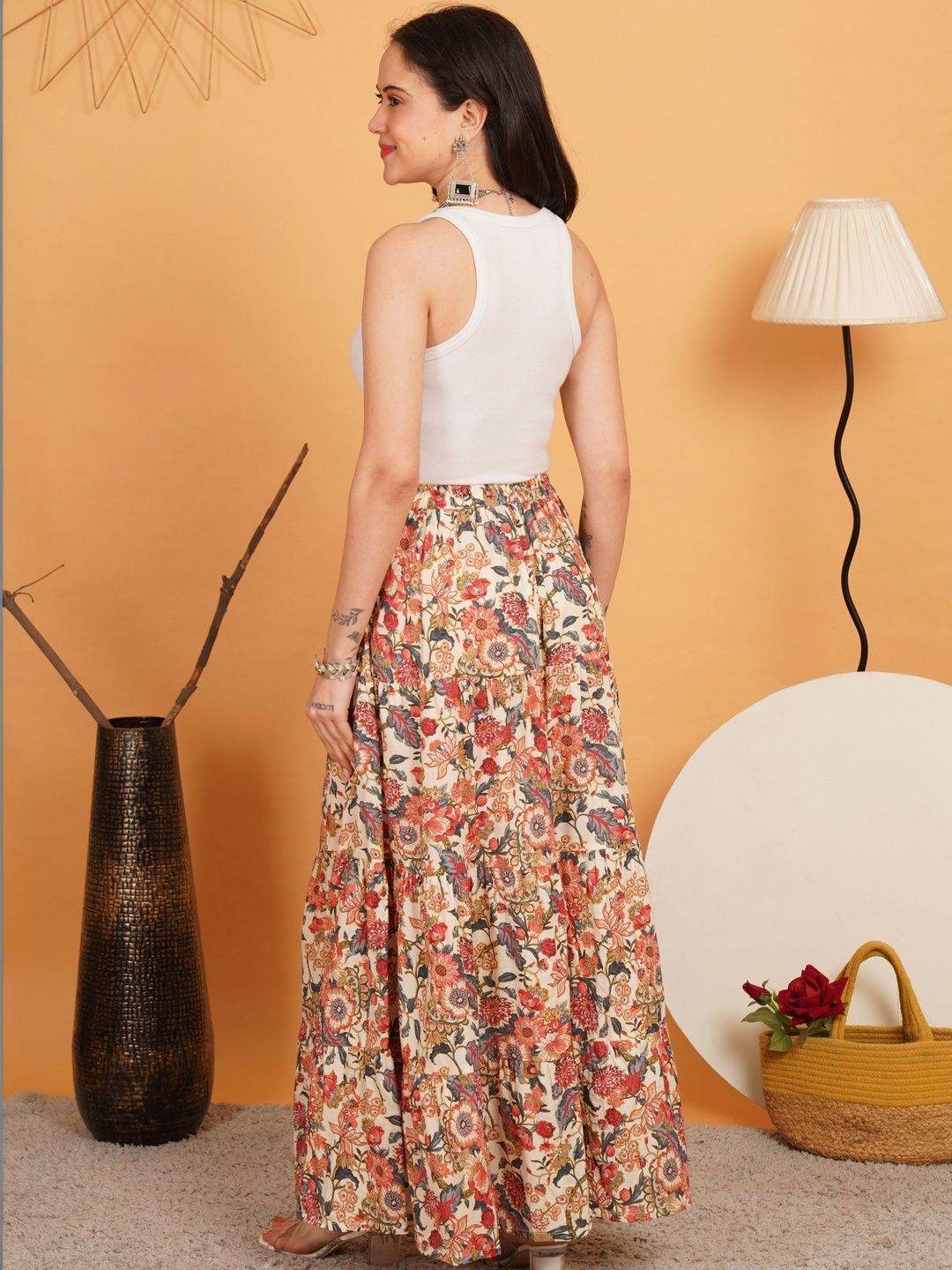 Buy Sangria FUZN Floral Printed Pure Cotton Maxi A-Line Skirt