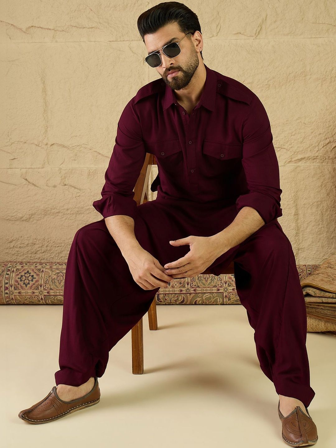 Shirt Collar Kurta with Salwar House Of Pataudi Pathani Kurta With Salwar Kurta Set