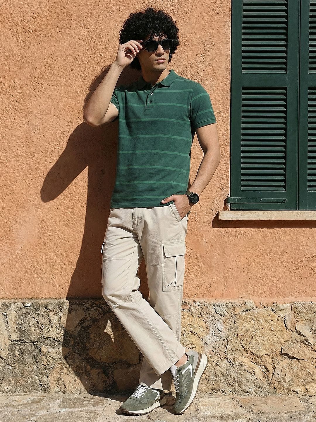 The Roadster Lifestyle Co Men Green Pure Cotton Striped Polo Collar T-shirt