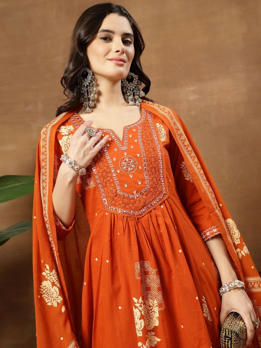 Sangria Printed Pure Cotton Round Neck Kurta & Palazzos With Dupatta