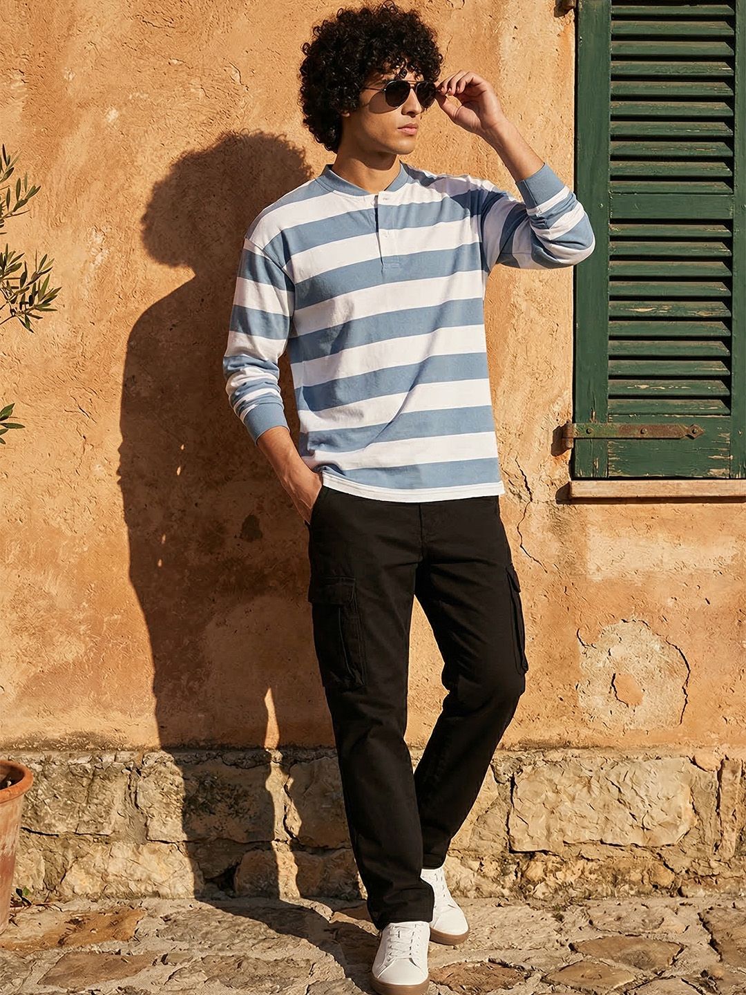 The Roadster Lifestyle Co. Men Striped Henley Neck T-shirt
