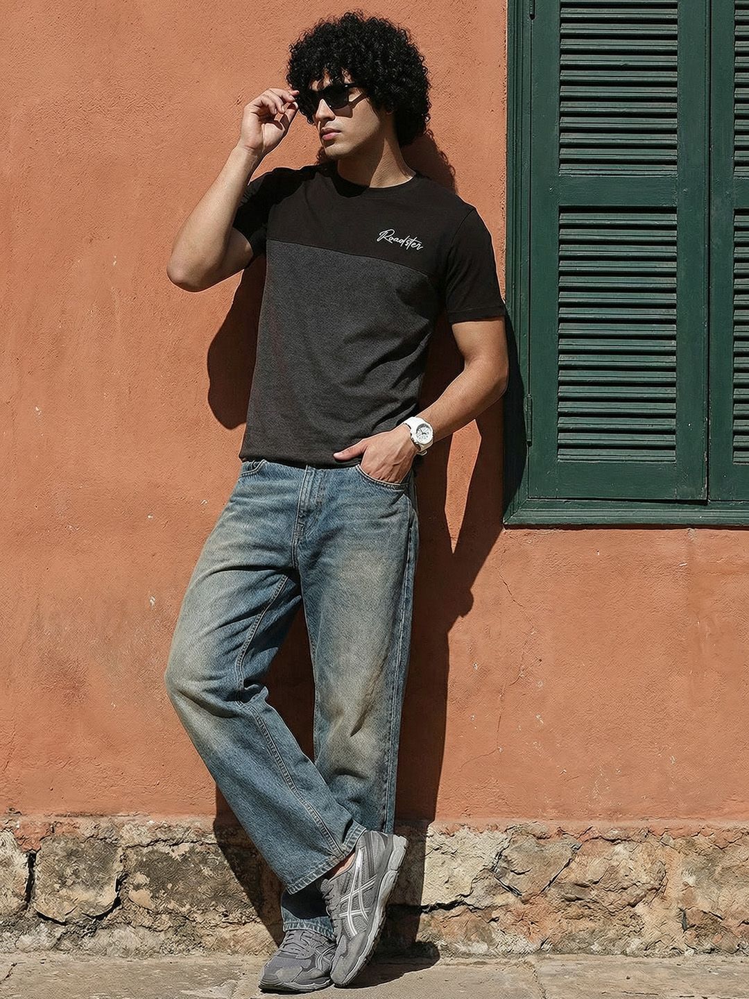 The Roadster Life Co. Jet Black & Grey Patched & Panelled T-shirt