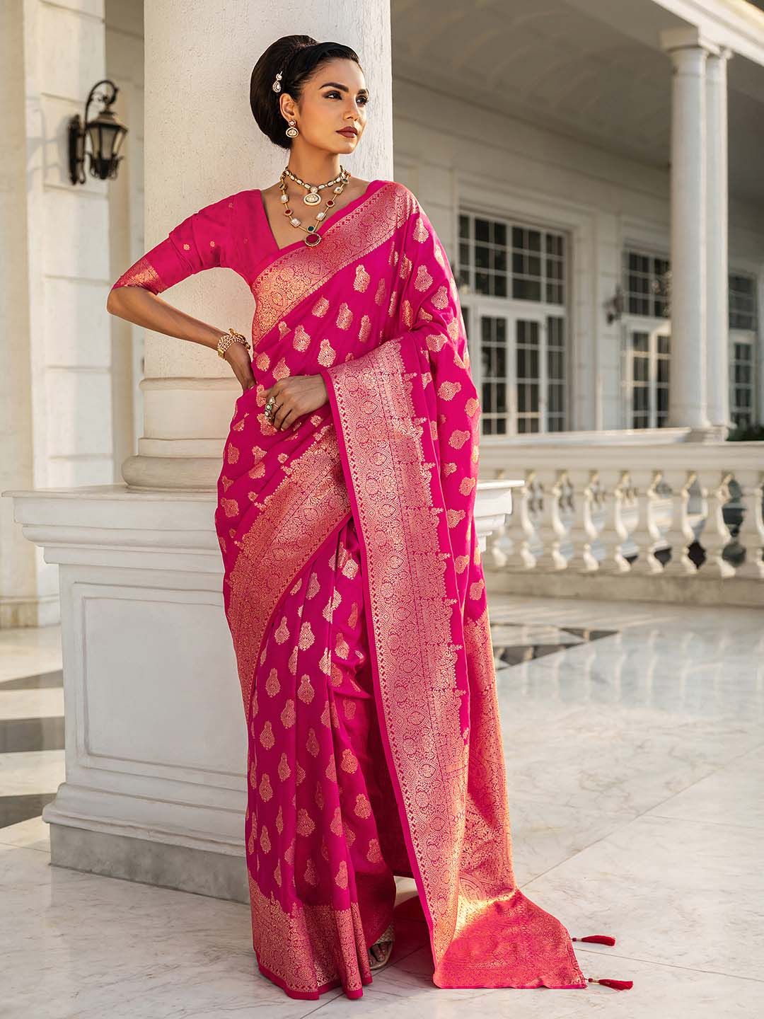 Libas Pink Woven Design Saree With Unstitched Blouse Piece