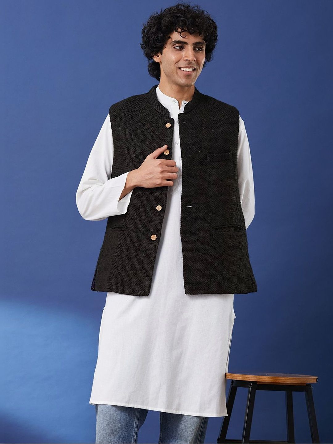 Taavi Men Woven Design Mandarin Collar Nehru Jacket