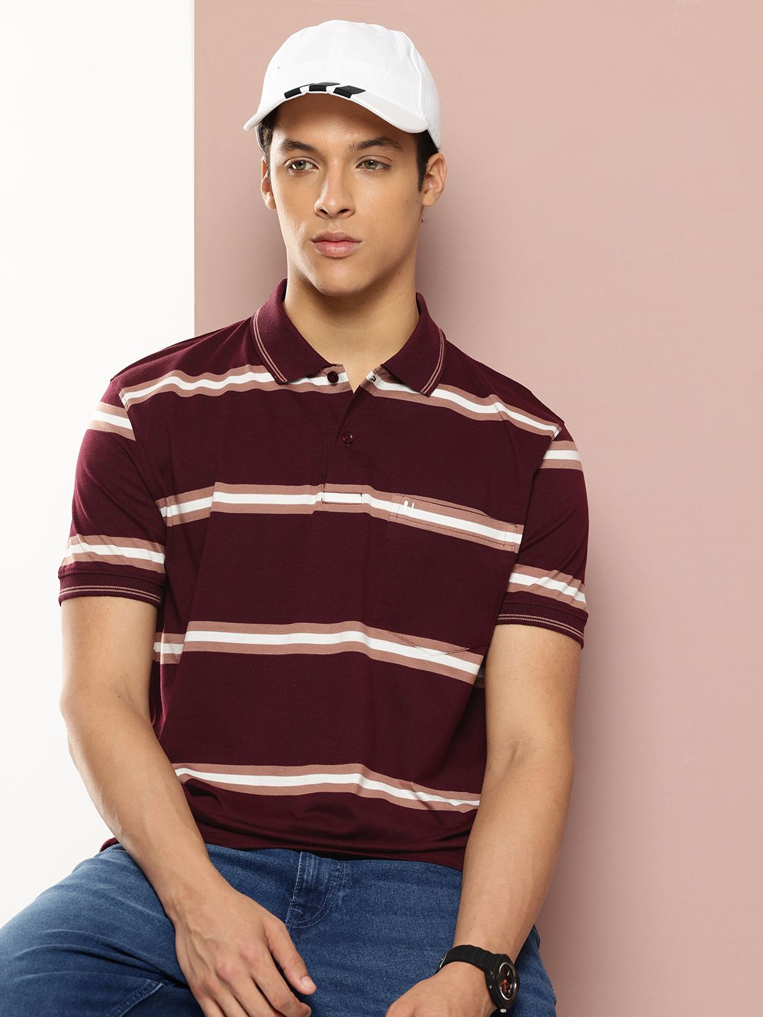 UNIBERRY Striped Polo Collar T-shirt