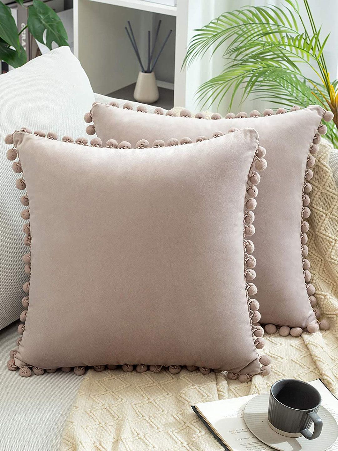 KNOTTING HOME Beige Set of 2 Velvet Square Cushion Covers