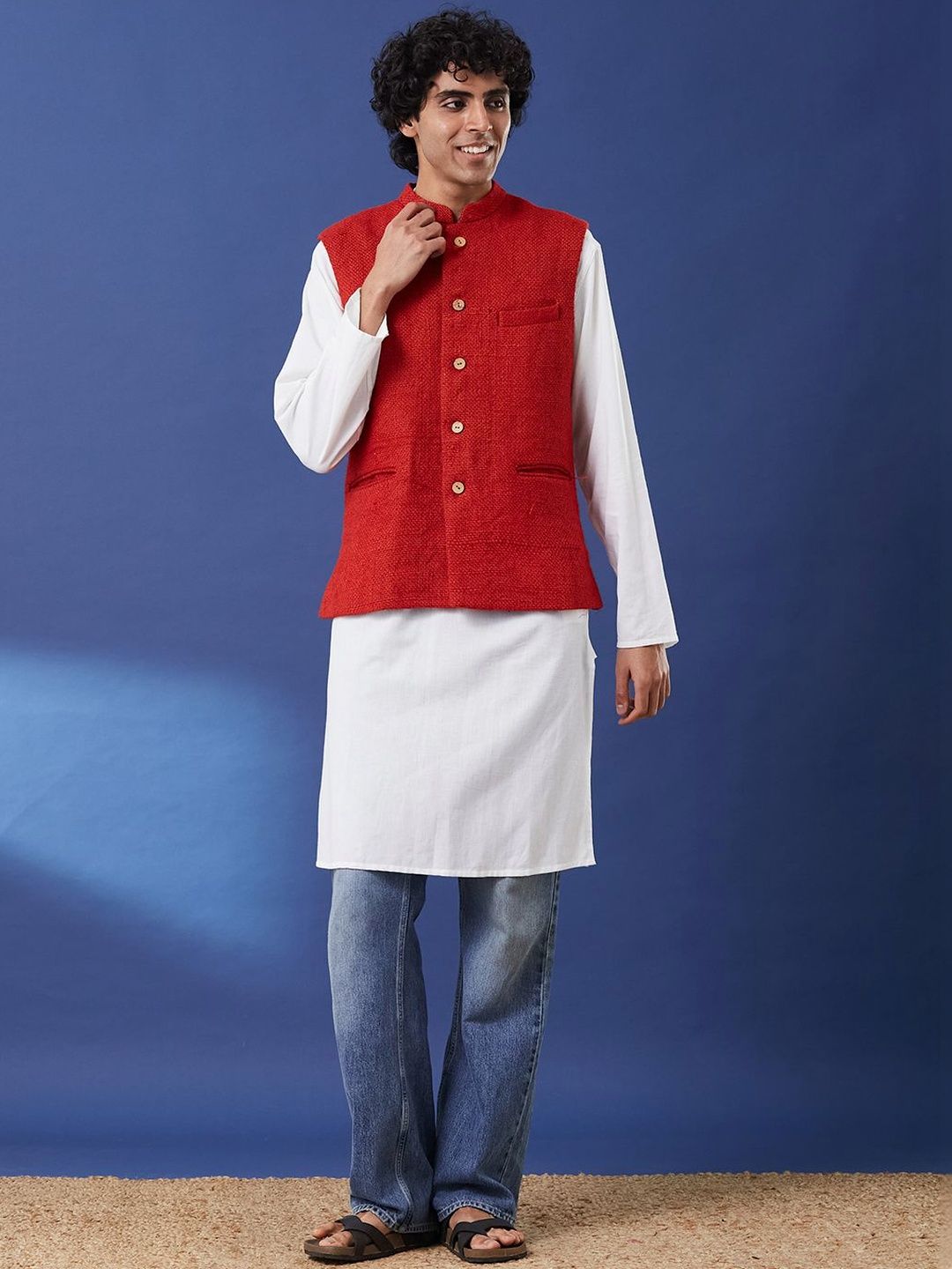 Taavi Men Woven Design Mandarin Collar Nehru Jacket