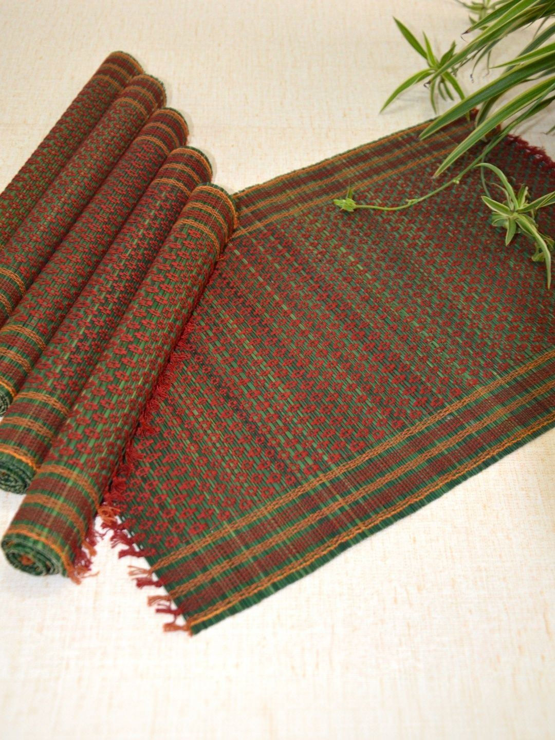 DHARINI 6 Pieces Green Striped Madurkathi Rectangle Table Placemats