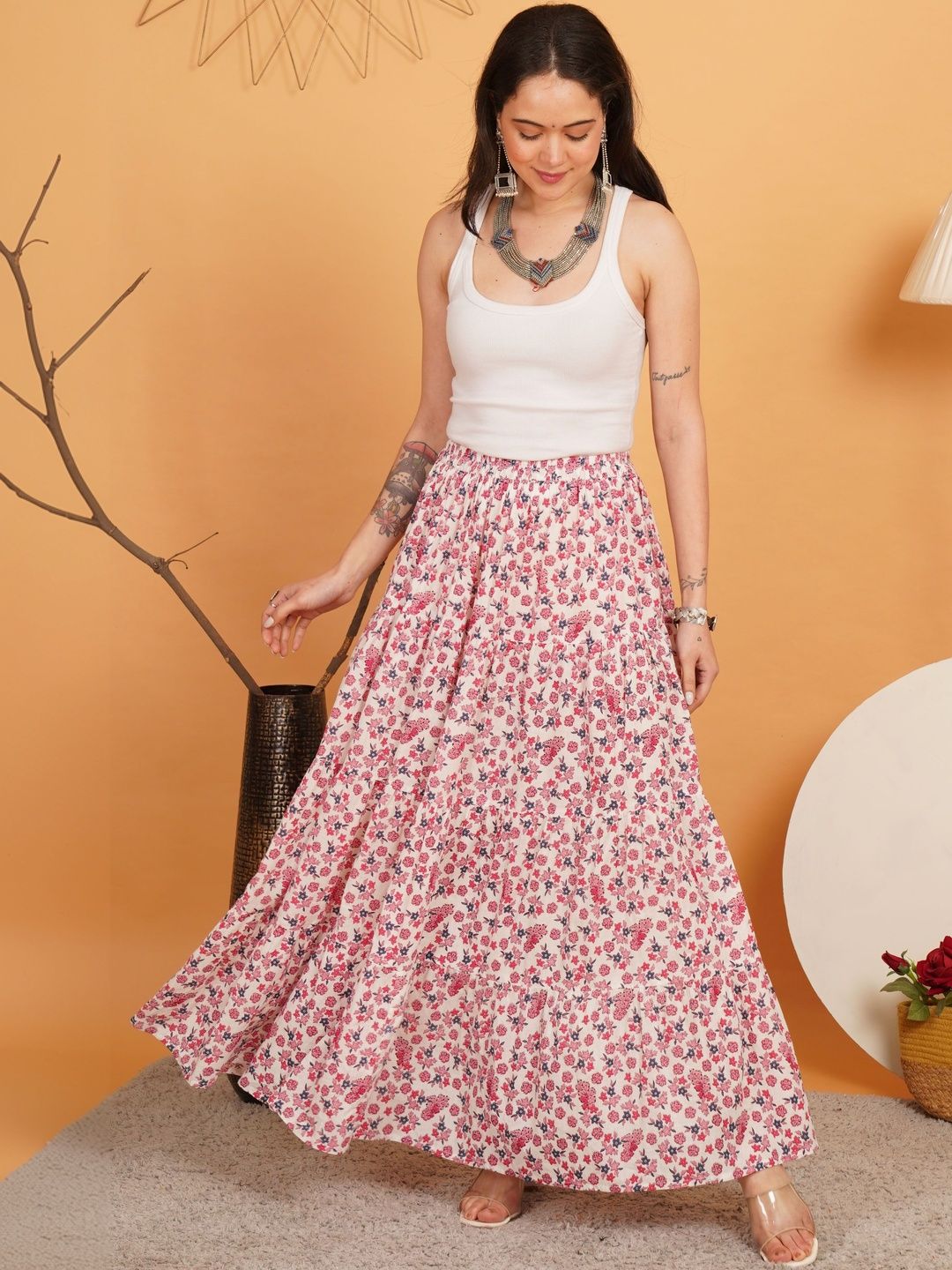 Buy Sangria FUZN Floral Printed Pure Cotton Maxi A-Line Skirt