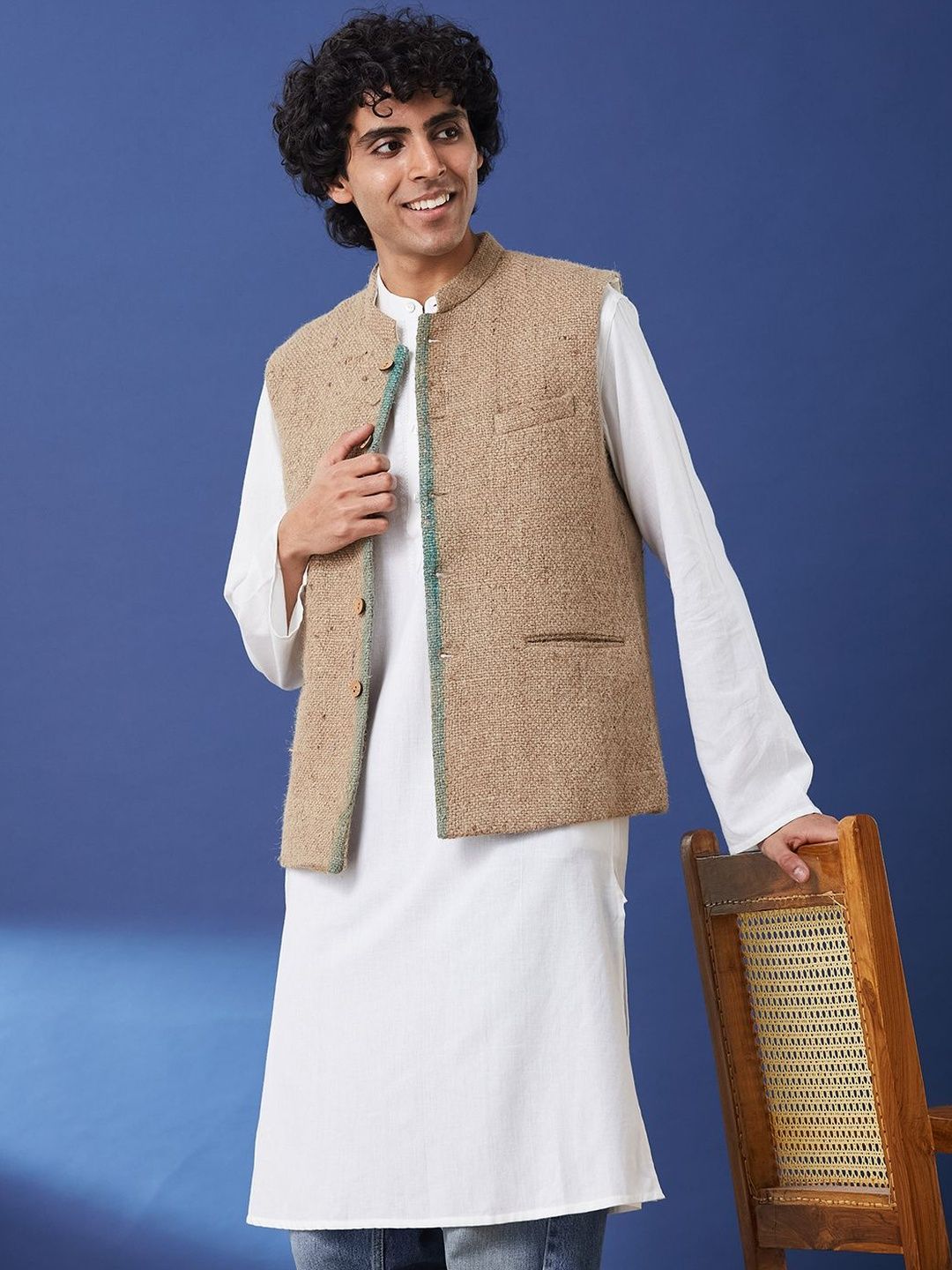 Taavi Men Woven Design Mandarin Collar Nehru Jacket