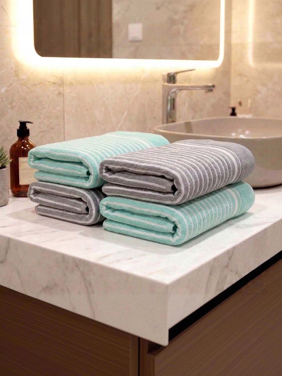 Athom Living Athom Living 4 Pieces Green Striped 400 GSM Cotton Hand Towels