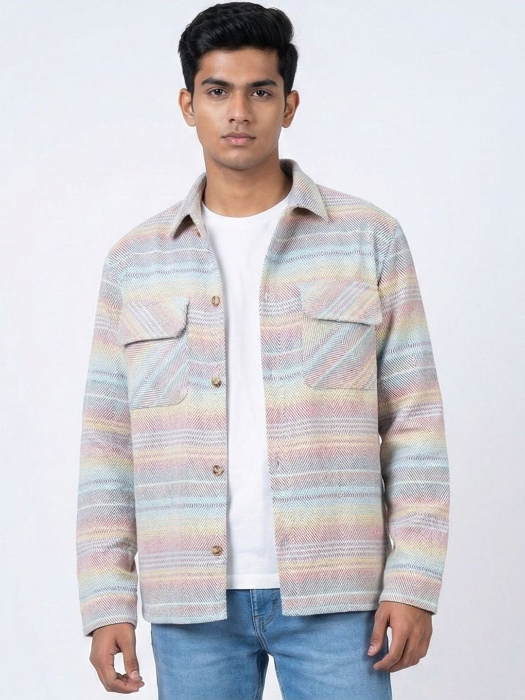 SIGMA CODE Men Striped Organic Cotton Blend Biker Jacket
